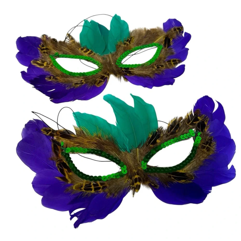 Purple/ Green‎ 2 Feather Masquerade Ball Mardi Gras Halloween Mask Costume A18G